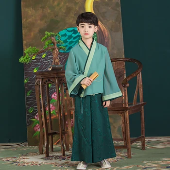Hanfu/Китайская традиционная одежда для мальчиков, халат, топ и брюки, костюмы для детей, Детский костюм феи, косплей, Народный костюм эпохи Тан HFT021