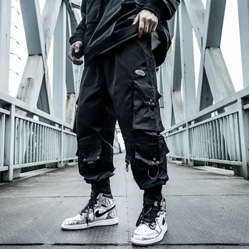 Брюки для десантников Harajuku, мужская одежда, Свободные Модные Брюки-карго в стиле хип-хоп с завязками, Комбинезон с несколькими карманами на завязках, хип-хоп