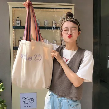 Корейская ткань ins, вышитая улыбкой, сумка большой емкости, студенческая сумка через плечо, оптовая продажа с фабрики, многоразовая хозяйственная сумка, холщовая сумка