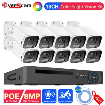 Система Видеонаблюдения 4K Ultra POE 10CH NVR Рекордер Наружные Камеры Безопасности 4K 8MP Красочные Ночные Видеокамеры Видеонаблюдения Комплект