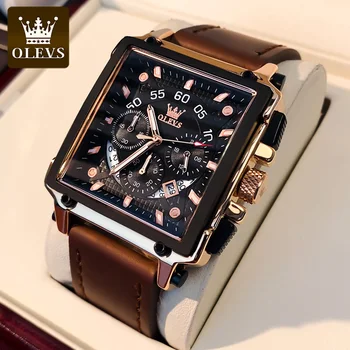 Мужские часы OLEVS, кварцевый хронограф, кожаные часы с датой, Водонепроницаемые, светящиеся, Повседневные, Квадратные, модные, деловые наручные часы