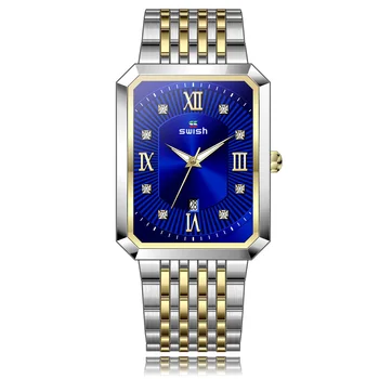 Роскошные Простые кварцевые часы SWISH Blue для мужчин с двухцветным золотым ремешком, прямоугольным корпусом с автоматической датой, Relogio Masculino