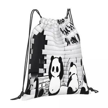 Милая панда 2 Дорожная спортивная сумка для хранения на открытом воздухе с завязками Идеально подходит для школы, кемпинга, пеших прогулок и активного отдыха