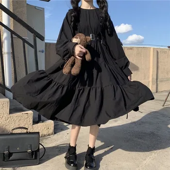 Женское платье в готическом стиле в стиле харадзюку, Лолита, готическое женское платье в стиле Каваи, Готический панк, милое черное платье с длинным рукавом eam для женщин