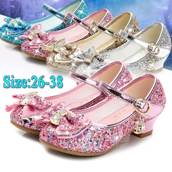Детская кожаная обувь принцессы для девочек, повседневные блестящие детские туфли на высоком каблуке 2020, Обувь для девочек с узлом бабочки, Синий, розовый, Серебристый