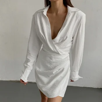 Уличное белое платье-рубашка, Элегантное платье с отложным воротником и длинным рукавом 2021, новые модные осенние сексуальные вечерние платья с запахом