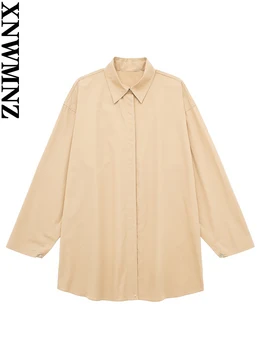 XNWMNZ 2023, женская модная поплиновая рубашка с разрезом и длинными рукавами или плиссированные широкие брюки на молнии с высокой талией, женский шикарный комплект из двух предметов