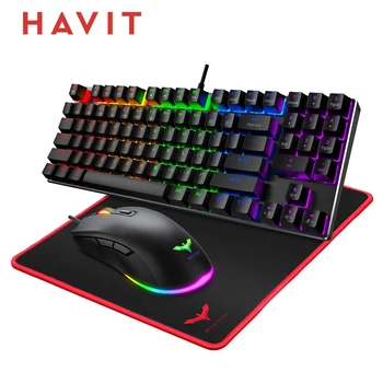 HAVIT KB486L Механическая Игровая клавиатура 4800 точек на дюйм, 6-кнопочная Мышь и комплект ковриков для мыши с RGB Подсветкой, Красные Переключатели, 89 Клавиш Клавиатуры