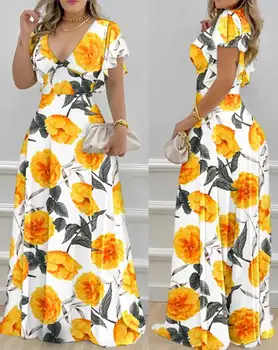 Элегантные платья для женщин, сексуальное макси-платье с V-образным вырезом и расклешенными рукавами с тропическим принтом, Новая мода 2023, летняя повседневная женская одежда