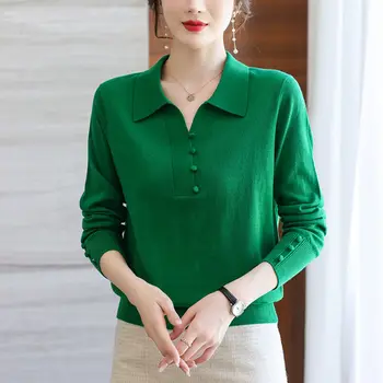 Модная однотонная универсальная блузка с лацканами и пуговицами, Женская одежда 2023, Весенние новые Повседневные Пуловеры Оверсайз, Свободная корейская рубашка