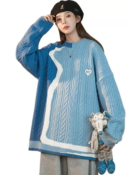 Модный синий свитер, Женская одежда, Свободные Осенне-зимние пальто, Ленивые Вязаные Пуловеры, Женские Джемперы bd570