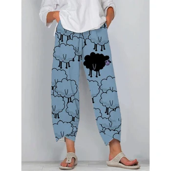 Женские брюки CLOOCL с двойным карманом, Эластичные брюки на талии, повседневные широкие брюки длиной до щиколотки с милым мультяшным принтом овец