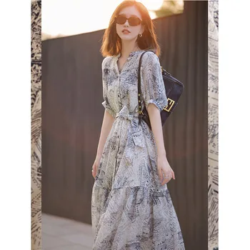 Корейские винтажные Бандажные платья миди для женщин 2023 Летние Элегантные Шикарные принты, Однобортная Повседневная женская одежда с пышными рукавами