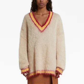Женский свитер 2023, Осенний Новый Y2k, Мохеровый Цветной Пуловер с V-образным вырезом и длинным рукавом, Простой Свободный Темпераментный Вязаный Топ с Баской