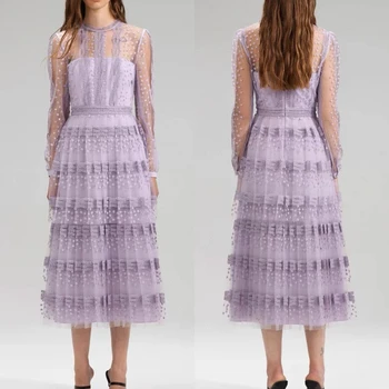 2023 Высококачественное Летнее Сказочно-Фиолетовое Прозрачное Платье Миди из Тюля с Цветочной вышивкой с Длинным рукавом для женщин