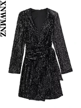 XNWMNZ 2023 Женское модное бархатное платье-блейзер с блестками, Женское винтажное платье с V-образным вырезом и длинным рукавом спереди, трикотажные женские шикарные платья