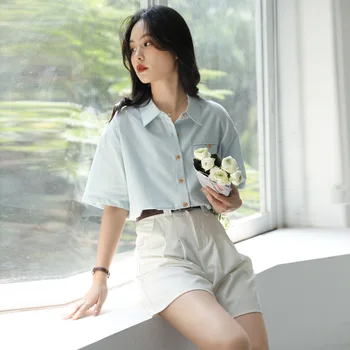 Новая летняя модная женская блузка 2023, однотонный V-образный вырез, короткие рукава, Элегантные минималистичные рубашки и блузки для женщин