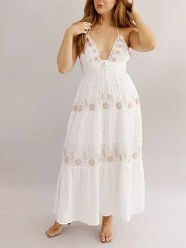 Женское платье Макси с цветочной вышивкой, без рукавов, с открытой спиной, Многоуровневое струящееся Весенне-летнее платье трапециевидной формы