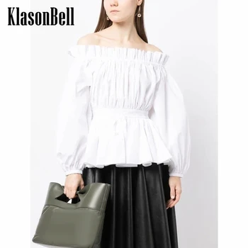 6.2 KlasonBell Темпераментная белая блузка с рюшами, вырезом лодочкой, хлопчатобумажная рубашка с пышными рукавами, женская