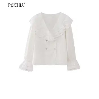 Pokiha Женская модная блузка с оборками и вышивкой, женская шикарная повседневная офисная элегантная рубашка с отложным воротником, брендовая