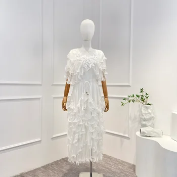 Лето 2023, Новое Поступление, Женское Модное Платье Миди с шелковыми складками и белой вышивкой в виде цветов, с рукавами-плащами и воланами