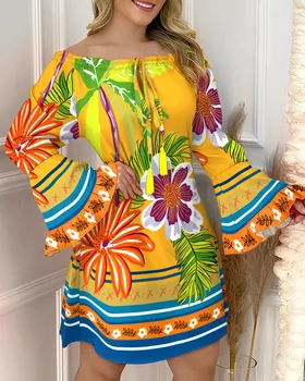Повседневное платье с открытыми плечами с тропическим принтом, Женское Расклешенное Платье-колокол с Длинным рукавом, Сексуальное Свободное мини-платье с цветочным рисунком