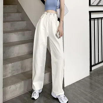 Женские Свободные корейские джинсы с высокой талией, прямые брюки для мамы, Джинсы белого цвета для бойфренда, женская уличная одежда с широкими штанинами, весенние брюки