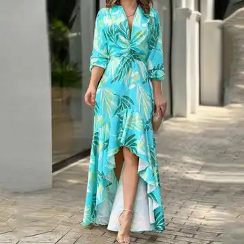 Женские летние платья с принтом, модное платье неправильной формы с V-образным вырезом и рукавом с регулируемой талией