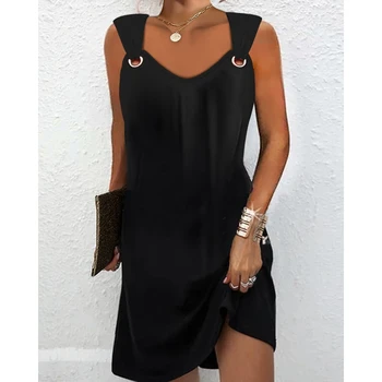 Женское Прямое мини-повседневное платье без рукавов с V-образным вырезом, летнее модное Женское Черное Новое Короткое платье на каждый день