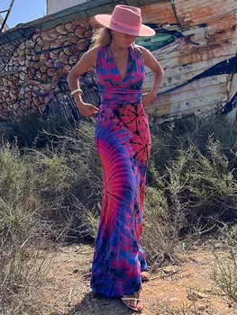 LEOSOXS 2023, Летнее Сексуальное платье трапециевидной формы без рукавов с V-образным вырезом и принтом в виде галстука-красителя, платье