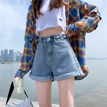 Женские джинсовые шорты с высокой талией, винтажные повседневные Элегантные модные сексуальные широкие корейские летние джинсовые шорты, женские короткие брюки