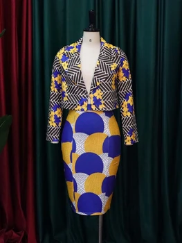 2 шт., женская модная и элегантная одежда, пиджак с длинными рукавами и разноцветным принтом + платье до колен с высокой талией для дам