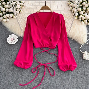 Корейская модная женская блузка с глубоким V-образным вырезом, рукав-фонарь, однотонная женская рубашка на шнуровке, Свободный сладкий укороченный топ, Прямая поставка