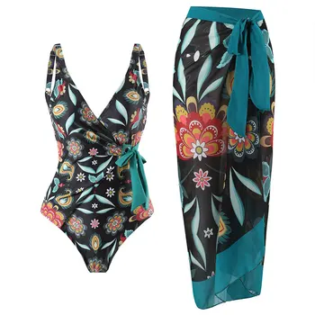 Женский бразильский цельный купальник-бикини для женщин с юбкой, закрывающей детали, Пляжный купальный костюм, кардиган, Женское кимоно