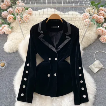 Винтажный Женский Черный бархатный костюм, зимняя двубортная куртка с длинным рукавом, Женский тонкий офисный блейзер OL, верхняя одежда