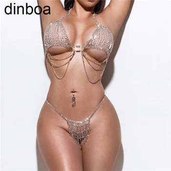 Dinboa-2023, Женский Сексуальный Укороченный Топ без рукавов с v-образным вырезом и Стразами, Мини-юбка-цепочка, Комплект Из двух предметов, Клубная Одежда