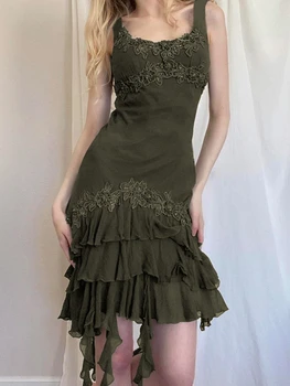 Зеленые Винтажные платья с оборками, Нерегулярные кружевные лоскутные платья y2k, эстетическое мини-платье для праздничной вечеринки, Сексуальное женское платье Fairycore