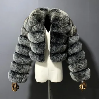 Меховая шуба от европейских и американских производителей, имитация лисьего меха с коротким отворотом, пальто с длинными рукавами для женщин