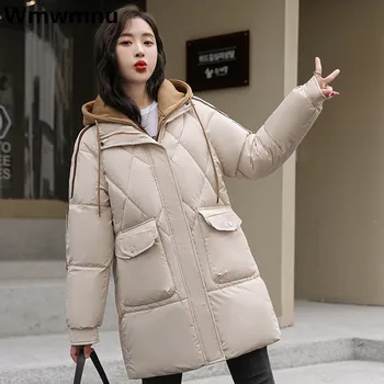 Поддельные зимние парки из двух предметов, повседневные утепленные пальто с хлопковой подкладкой, Женские куртки средней длины с капюшоном, Корейская мода, Свободное пальто