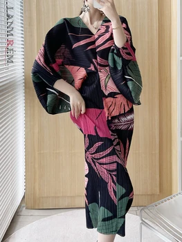 LANMREM, Плиссированное платье с принтом в стиле ретро Для Женщин, V-образный вырез, Длинные рукава 