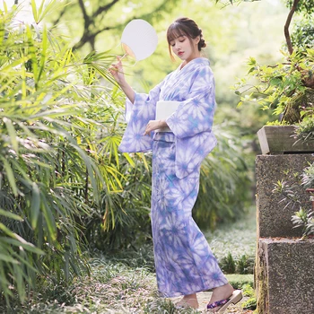 Женское Летнее Кимоно из 100% хлопка, Японское Традиционное Летнее Длинное платье Юката, костюм для Косплея, одежда для выступлений, халат