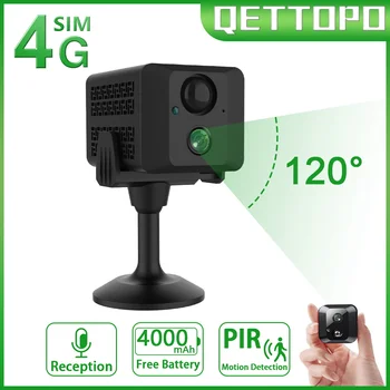Qettopo 4K 8MP 4G Мини-камера PIR с Обнаружением движения, Встроенный аккумулятор 4000 мАч, WIFI Камера Видеонаблюдения, ИК Ночного Видения