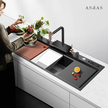 Ступенчатый резервуар для воды Asras, черный, нано-ручной, утолщенный кухонный таз для мытья посуды из нержавеющей стали 304, супер большой одиночный 