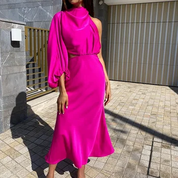 2023 Летние женские атласные платья С рукавом-фонариком на одно плечо Облегающая Женская одежда Элегантное Розовое клубное вечернее офисное платье миди