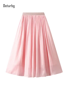 Женская Элегантная блестящая Однотонная Длинная юбка Миди, Корейская мода, Эластичные Розовые плиссированные юбки Трапециевидной формы с высокой талией, Лето 2022, K88