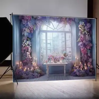 ЛУНА.QG фон Фиолетовая цветочная рамка для вечеринки, окно со свечами, фон для дня рождения, солнечная занавеска, голубая комната, фотобудка