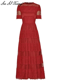 Seasixiang/ Модное дизайнерское Весенне-летнее женское платье с круглым вырезом, коротким рукавом, открытыми цветами, вышивкой, Винтажные платья Миди