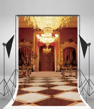 Фон для фотографии Роскошный Дворец Хруч с Подсветкой, Красный Занавес, Черно-белый Мраморный Пол, Европейская Архикультура