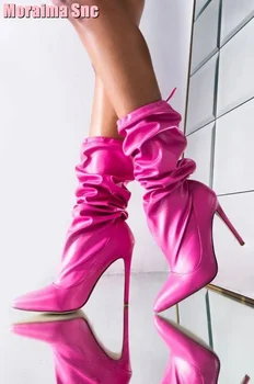Длинные сапоги на шнуровке с острым носком, женские сапоги до колена на шпильке, Повседневные розово-красные однотонные пикантные туфли, Мода Весна