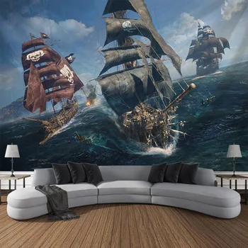 Пиратский корабль, гобелен, настенный гобелен с видом на море, домашнее художественное украшение, украшение стен в стиле хиппи, одеяло, богемный фон, ткань